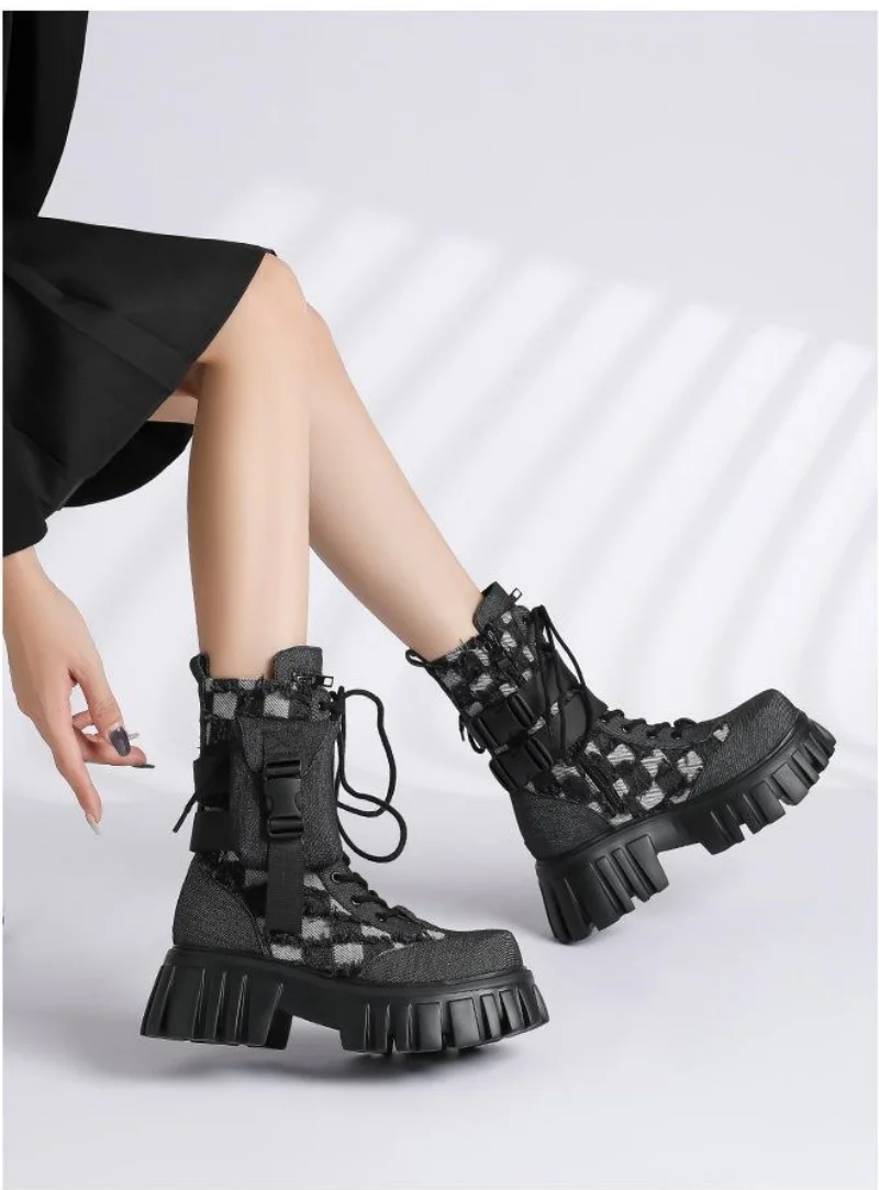 Autumn Winter Denim Boots Slimming Effect Checkered Midsole Thick Sole Height Increasing Side Zipper Western Boots For Women