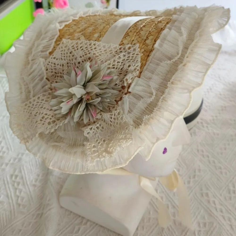French Rural style Lolita Straw Hat Ruffle Lace Ribbon Bow Girl Sun Hat Handmade With Strap Ribbon Flower Flat Top Hat