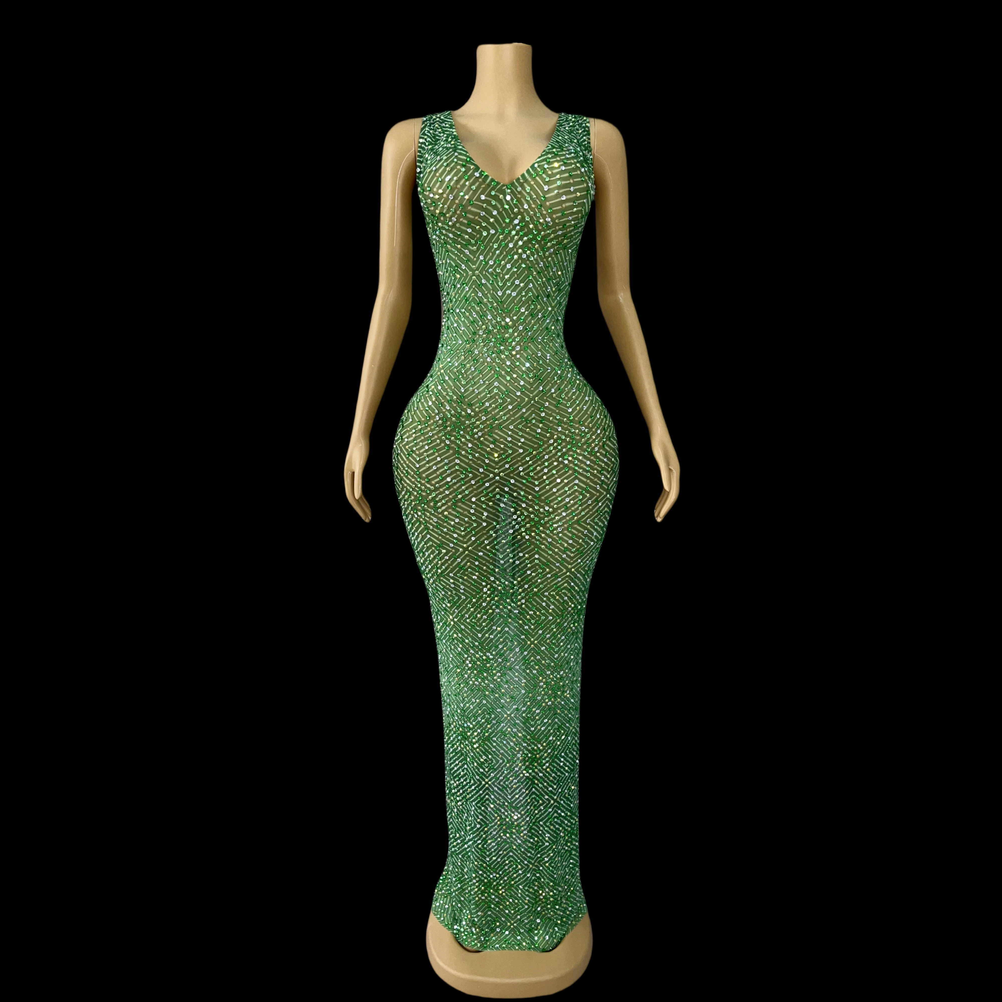 Groene glanzende strass V-hals mouwloze mesh rok dames verjaardagsfeestje prestatie viering outfit stretch kostuum Heshibi