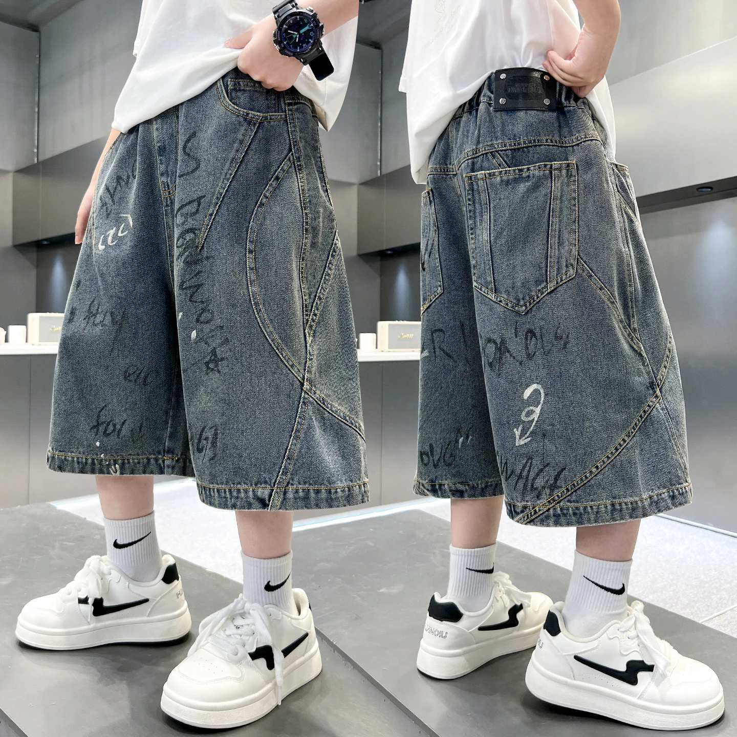 New Autumn Children Casual Distressed Jeans For Teens Boys High Waist Letter Print Denim Pants Cool Kids Fashion Shorts