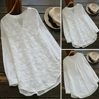 Embroidery Lace Cotton Linen Casual Women Blouse Fashion Loose White Elegant Shirt Plus Size V Neck Tops Long Sleeve S-5XL - Image 6