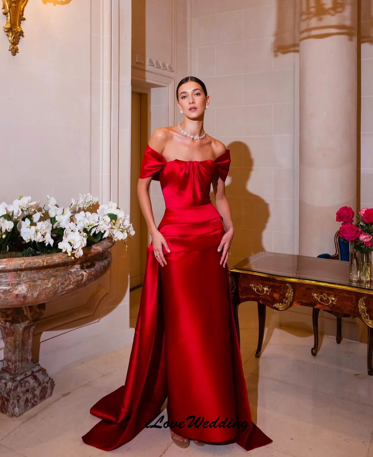 

Red Off The Shoulder Prom Dress 2025 Elegant Satin Ribbons Wedding Party Dress For Woman Formal Gowns For Woman Gala Customized