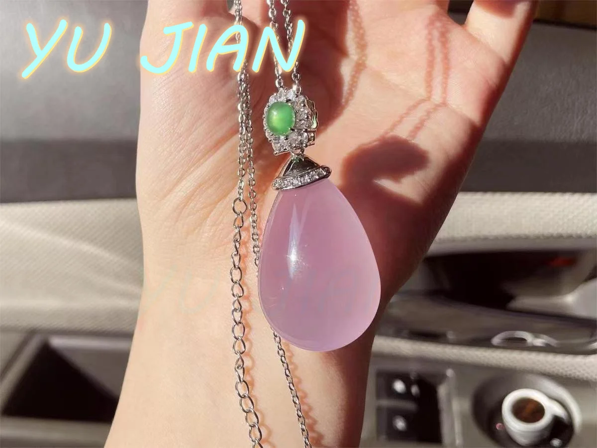 All-match Simple Fashion Jewelry S925 Silver Inlaid Jade Pendant Exquisite Elegant Noble Pink-Jade Tone Drop Necklace Chain