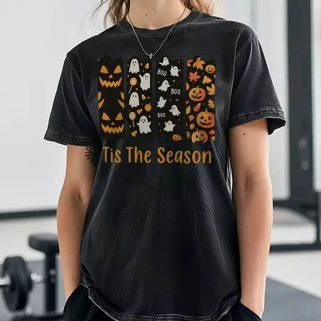 

Washed Retro Vintage T-Shirt Y2K Graphic Colorful Tees Street Wear Cotton Casual Crew Neck Tis Season Halloween Ghost Pumpkin