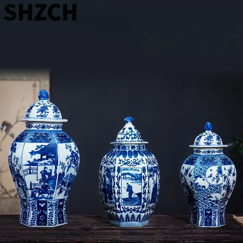 Chinese Classical Antique Handmade Blue and White Hexagon Porcelain Ginger Jar, Hotel and Villa Art Decorations