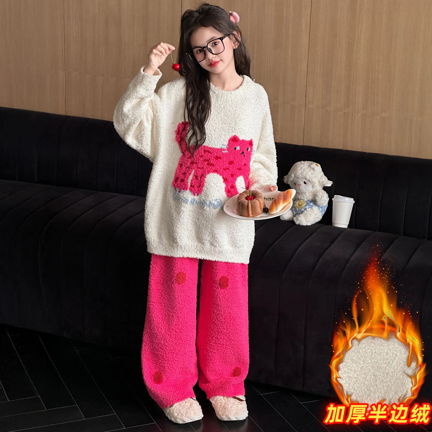 

Girls Sleepwear 2Pieces Of PJ Sets Sweetheart Long Sleeve+Long Pants Autumn Soft Wrap Velvet Pjs Kids Clothes Pink Cat Nightgown