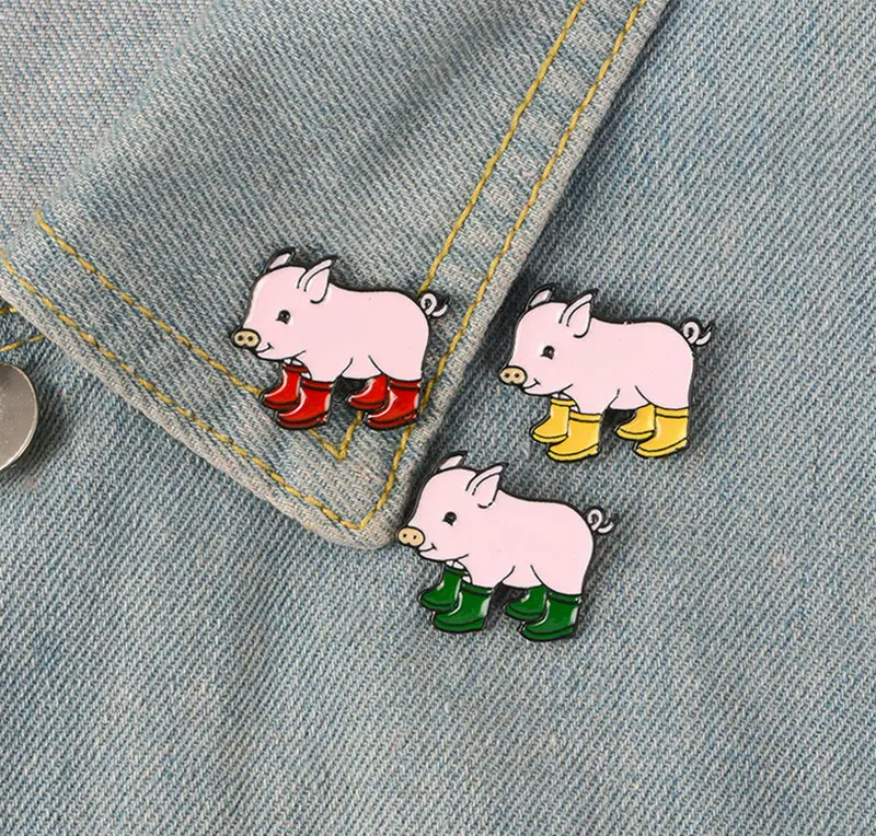 Fun Pig With Rain Boots Enamel Pins Piggy Brooches Badge Denim jeans Lapel Pin Cartoon Cute Animal Jewelry Gift for kids friends