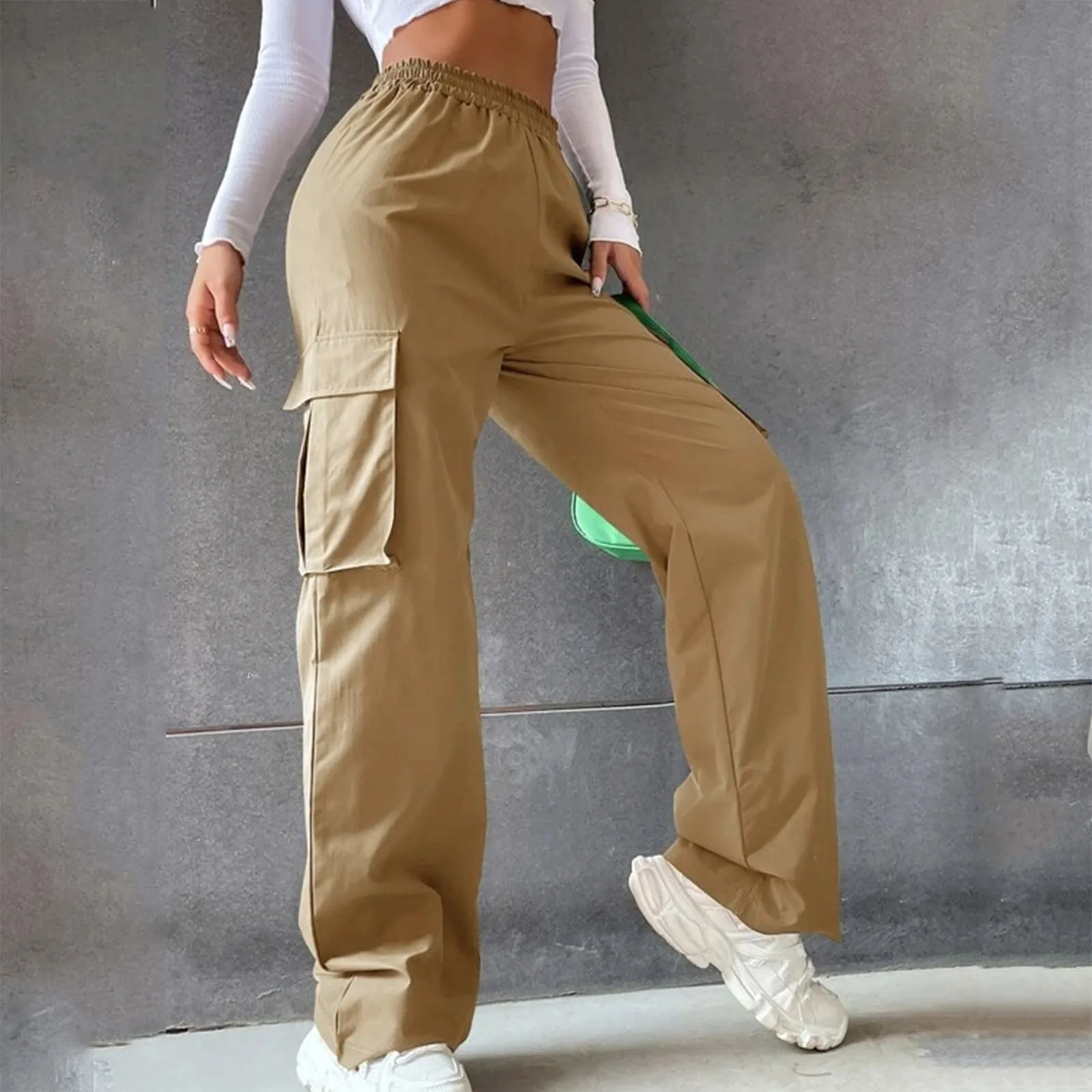 Women Casual Cargo Pants Fashion Solid Overalls Mid Waist Elastic Waist Loose  Relaxed Style Streetwear Trousers