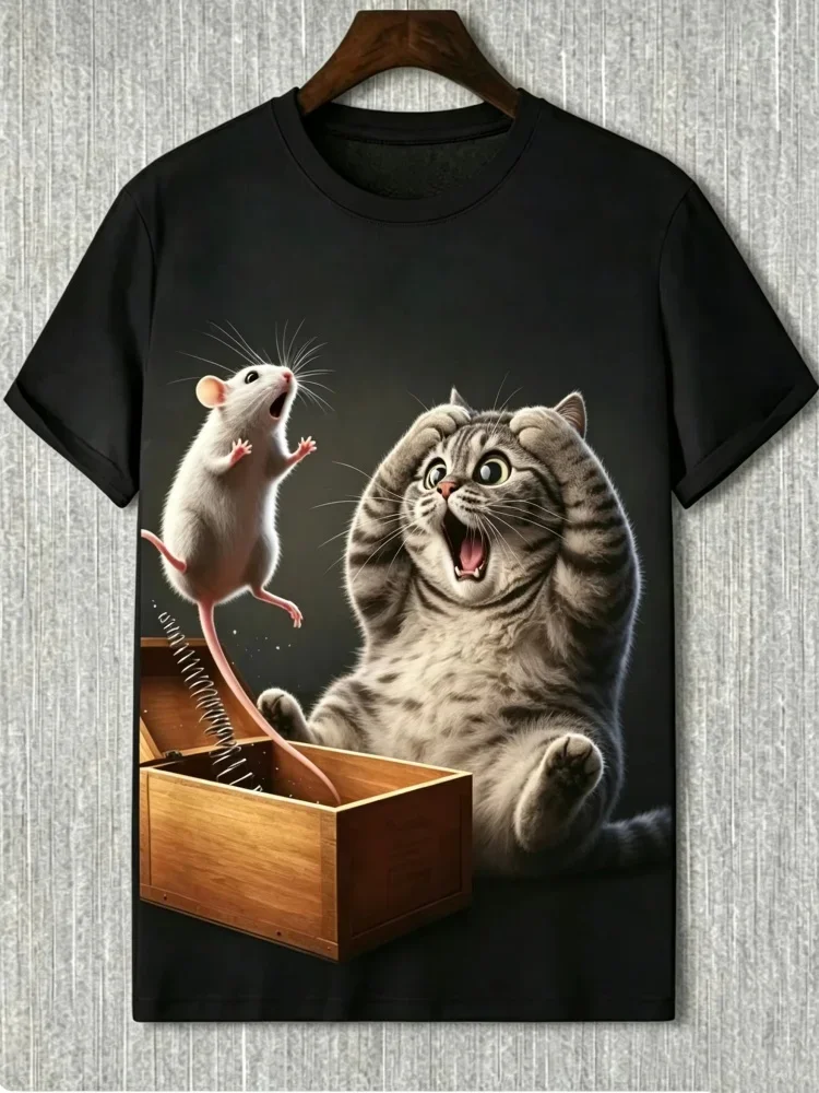 Funny 3D Mouse Frightened Cat Print Men's T-shirt Fashion Cool Party Personality T shirt Casual Short Sleeve Top Summer Clothing