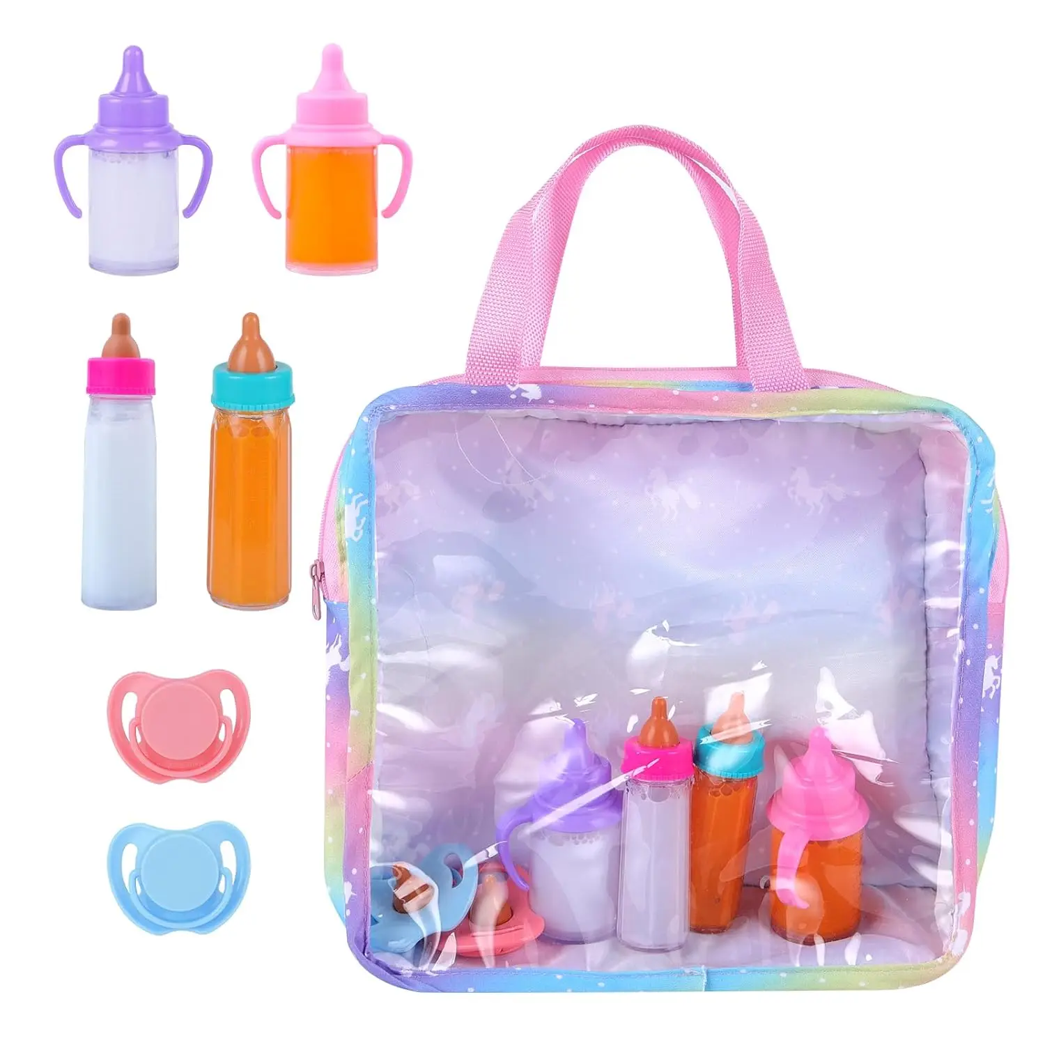 

43cm Baby Dolls Out Going Carry Bag Rainbow Handbag for 17-18in Dolls Transparent Display Window Travel Set Doll Accessories