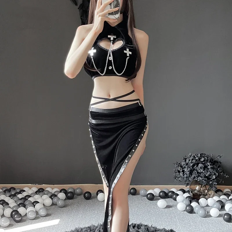 

Jimiko Halloween Anime Cosplay Sexy Costume Desire Hot Girl Dark Witch Game Uniform Black Cheongsam Party Night Club Outfit New