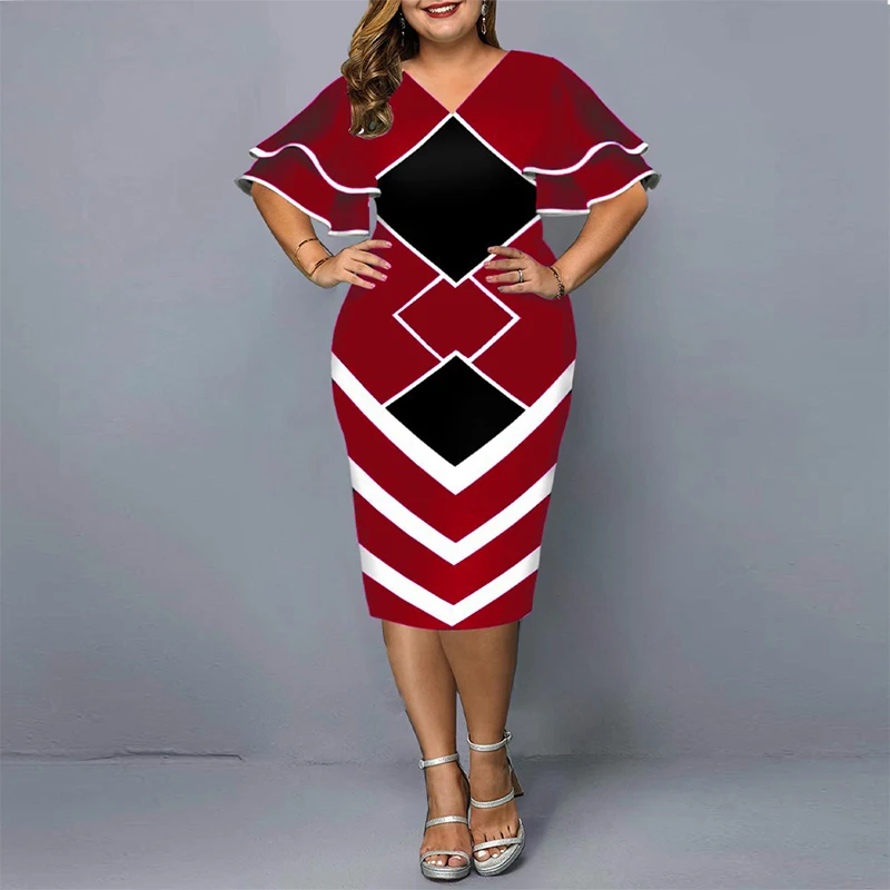 Summer Autumn Plus Size Fashion Elegant Design Package Hip Dress Women Ruffled Slim Geometric Dress Female Y2K Chic Party Dress