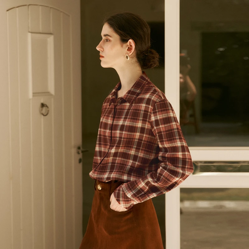 OLrain Vintage Plaid Shirt Women Spring 2025 New Fashion Lapel Collar Loose Casual Drop Sleeve Folds Female Blouses O56DC93523