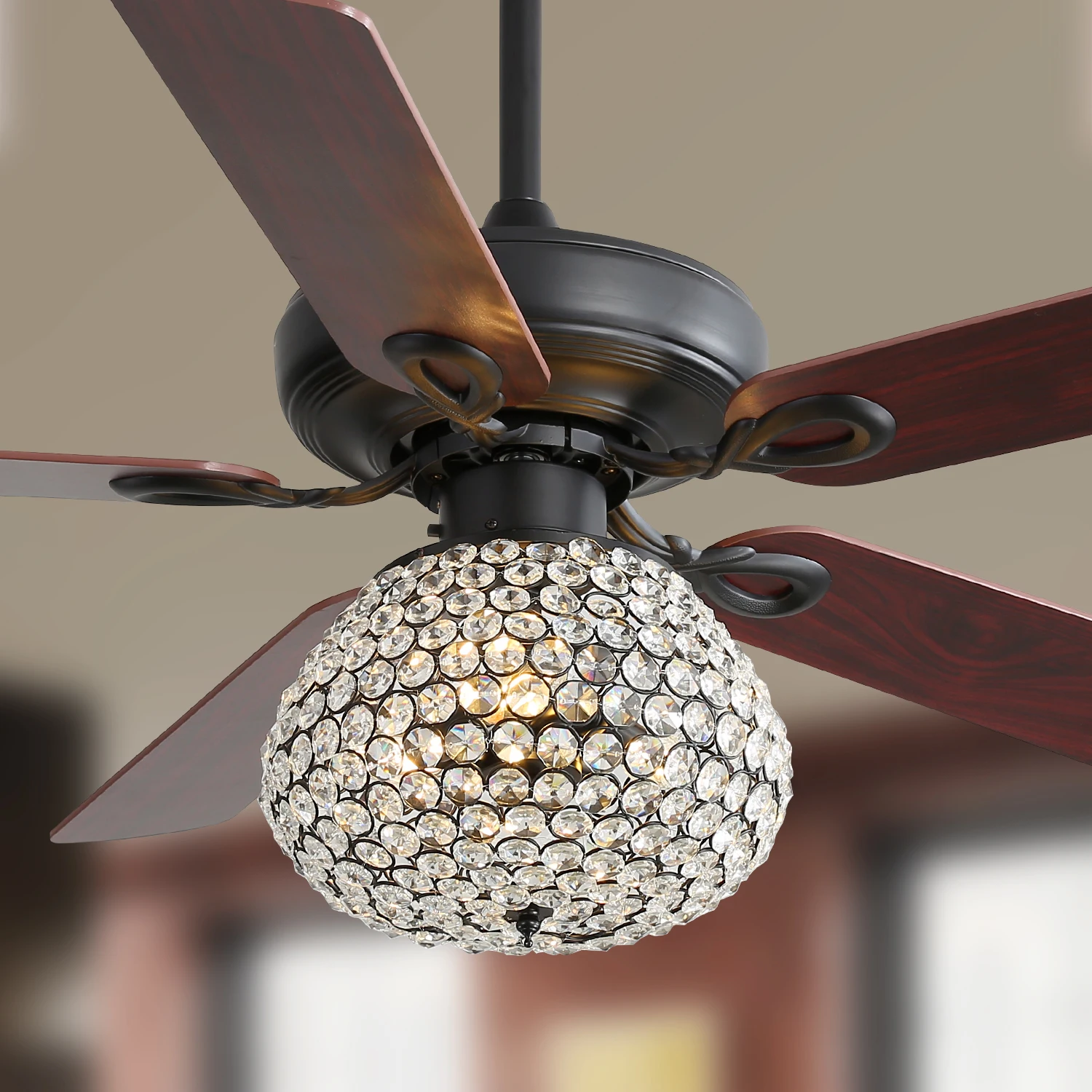 52 Inch Crystal Ceiling Fan With 3 Speed Wind 5 Plywood Blades Remote Control Reversible AC Motor