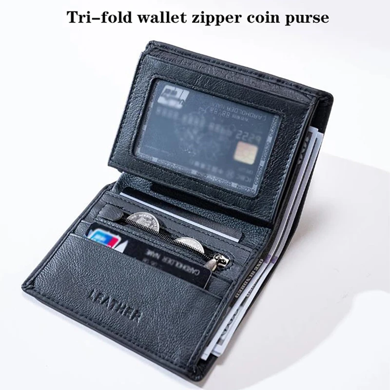 Men's Genuine Leather Wallet Top Layer Cowhide RFID Blocking Anti-theft Scan Anti-magnetic Tri-fold Card Holder Purse