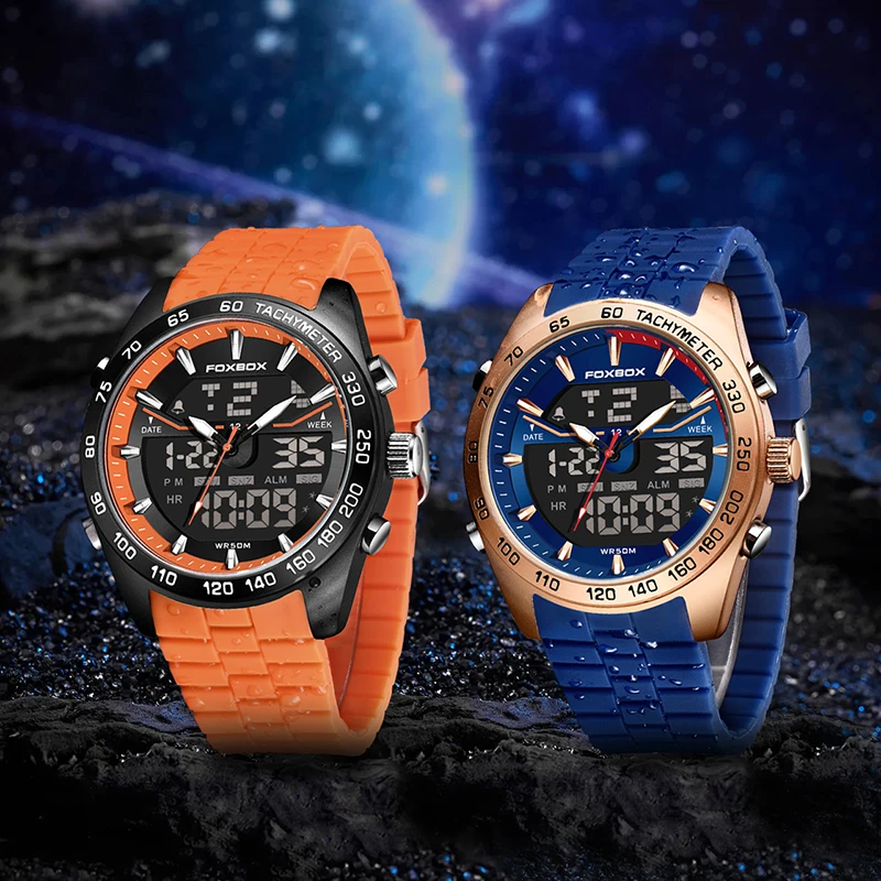 FOXBOX Brand Electronic Man Watch Fashion Alarm Week 50M Waterproof HD Lume Dual Display Sport Digital Stopwatch Watches for Men