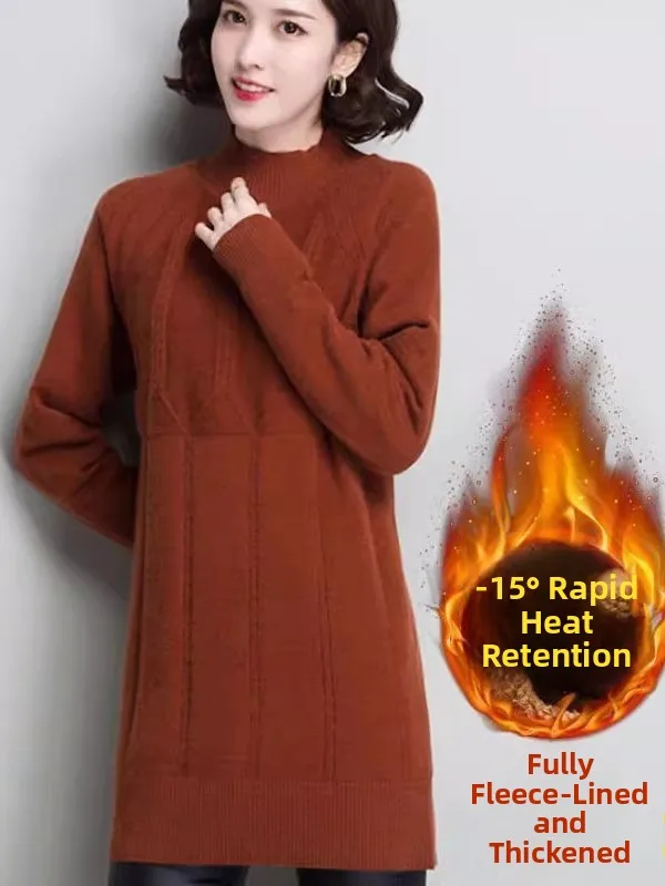 

Женский осенне-зимний вязаный свитер-халат из шерсти с высоким воротником, свободного кроя, средней длины