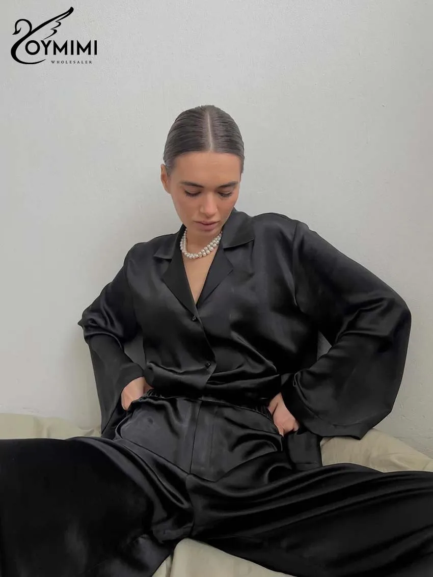 Oymimi Fashion Black Loose Two Piece Outfits Woman Elegant Long Sleeve Button Lace-Up Shirts And High Waist Straight Pants Sets