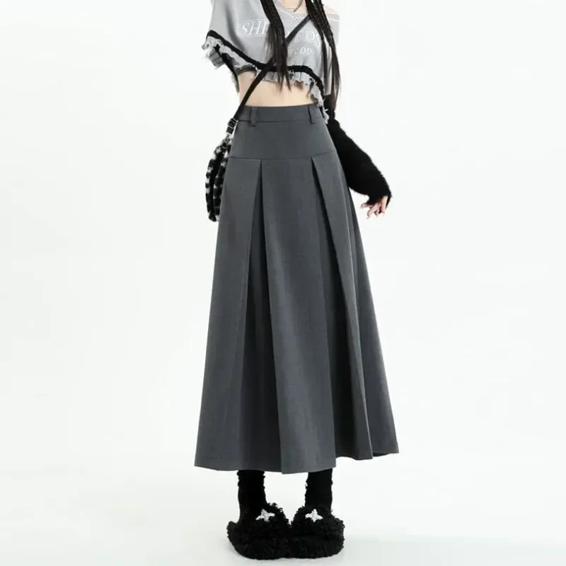 

Vintage Grey Medium Length Skirts Women Spring Summer High Waist Pleated Umbrella Skirt Fashions Y2k Female Korean Style Clothes