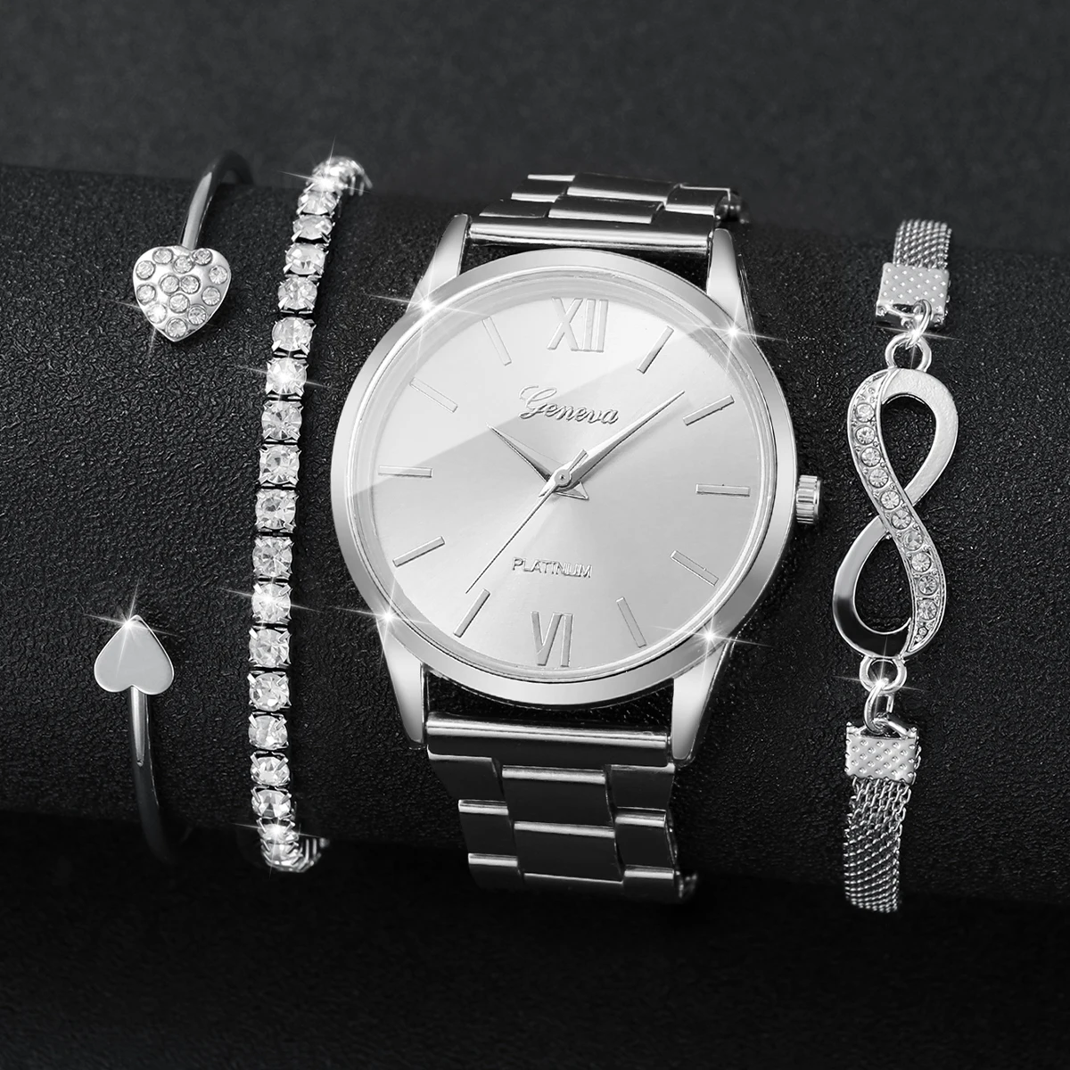 4PCS Fashion Women Watch Rhinestone Bracelets Set Silvery Steel Band Quartz Wristwatch for Girls Clock Reloj MujerWithout Box
