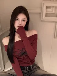 T Shirt Women Long Sleeve Off Shoulder Y2k Vintage Tops Streetwear Korean Style Crop Tops Autumn