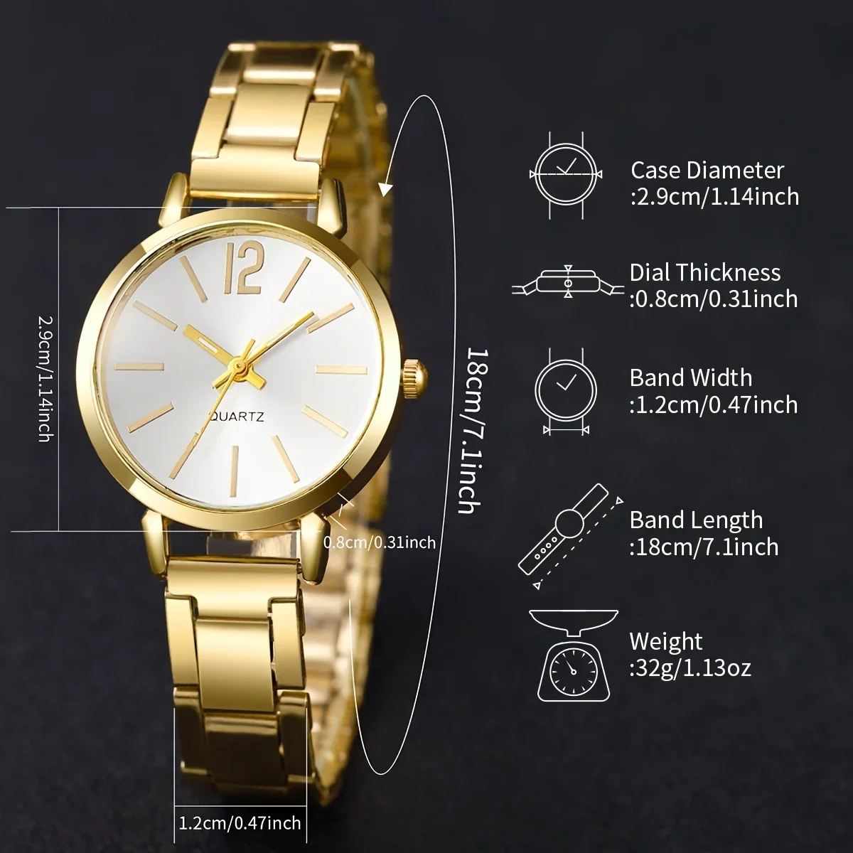 2pcs Business Fashion Quartz Watch Elegant Golden Wrist Watch & Heart Charm Bracelet Set R Gifts For Eid