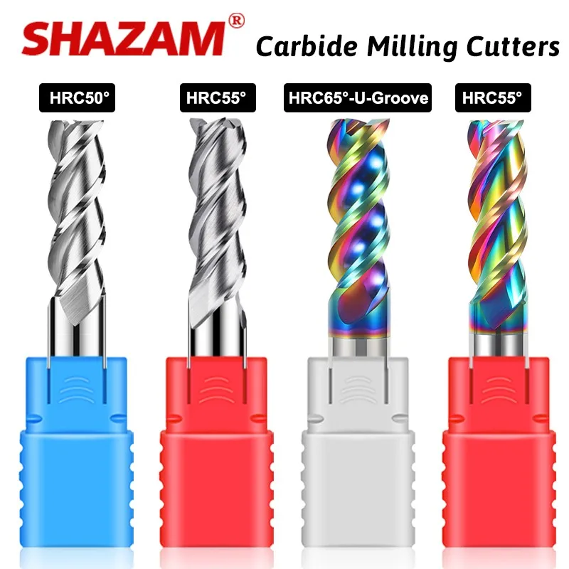 SHAZAM 1.0-20.0mm CNC Machine Machining  Milling Cutter HRC50/55/65 3-Flute Carbide Flat End Mills For Aluminum Parts Processing