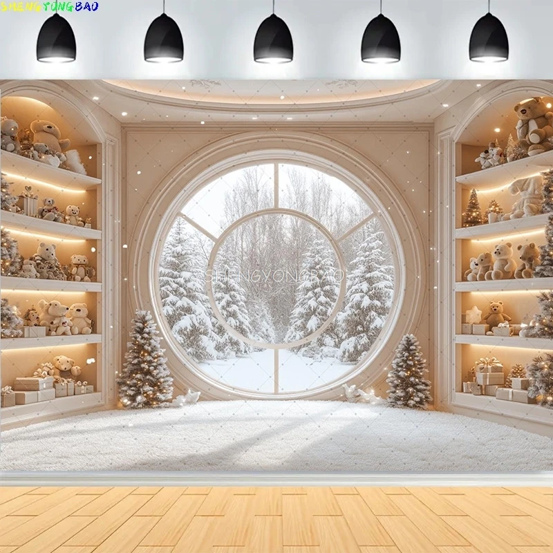 

Christmas Day Pine Tree Bell Wreath Photography Backdrops Indoor Arch Fireplace Winter New Year Family Portrait Background CT-09