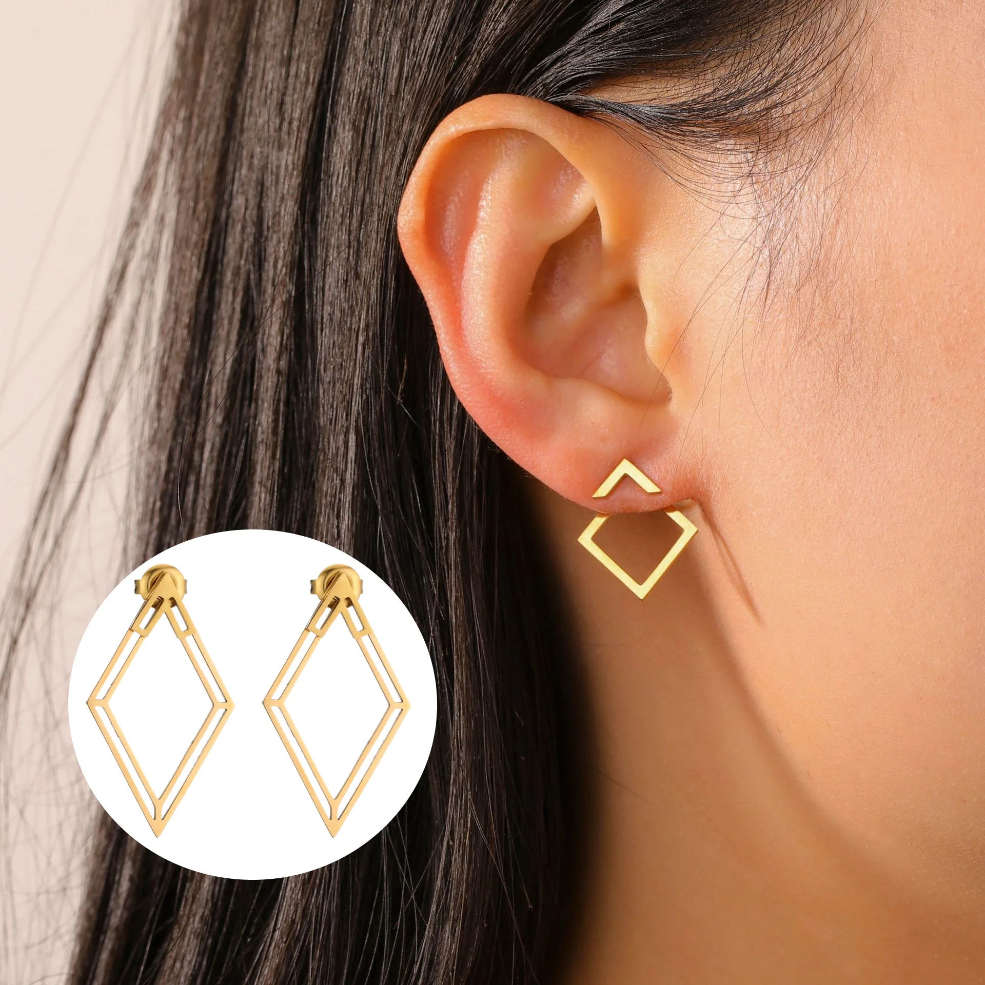 Minimalistische, vergoldete Ohrmanschetten aus Edelstahl, moderne, geometrische, hohle, quadratische Ohrclips, trendiges, modisches Accessoire