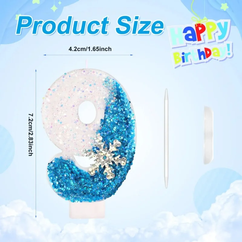شموع عيد الميلاد المجمدة 0-9 أرقام لامعة زرقاء ندفة الثلج شمعة كعكة أطفال بنات حفلة عيد ميلاد كعكة توبر لوازم الديكور #4
