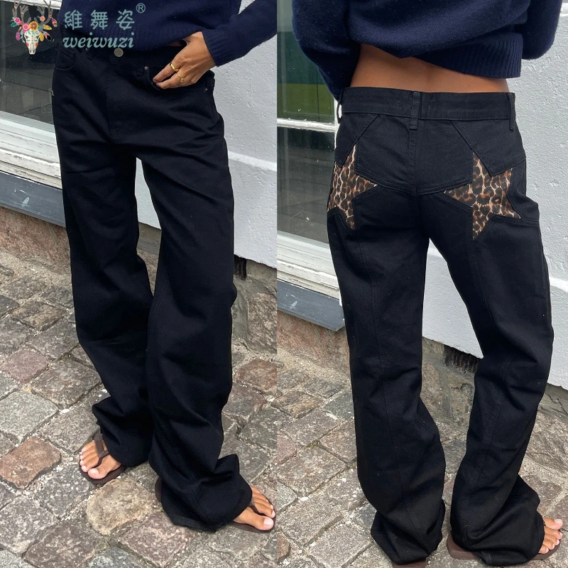 Dżinsy damskie z wzorem gwiazd, luźne spodnie dżinsowe, jesień-zima, codzienne, seksowne, z niskim stanem, szerokie nogawki, styl Y2k, streetwear dla dziewczyn.