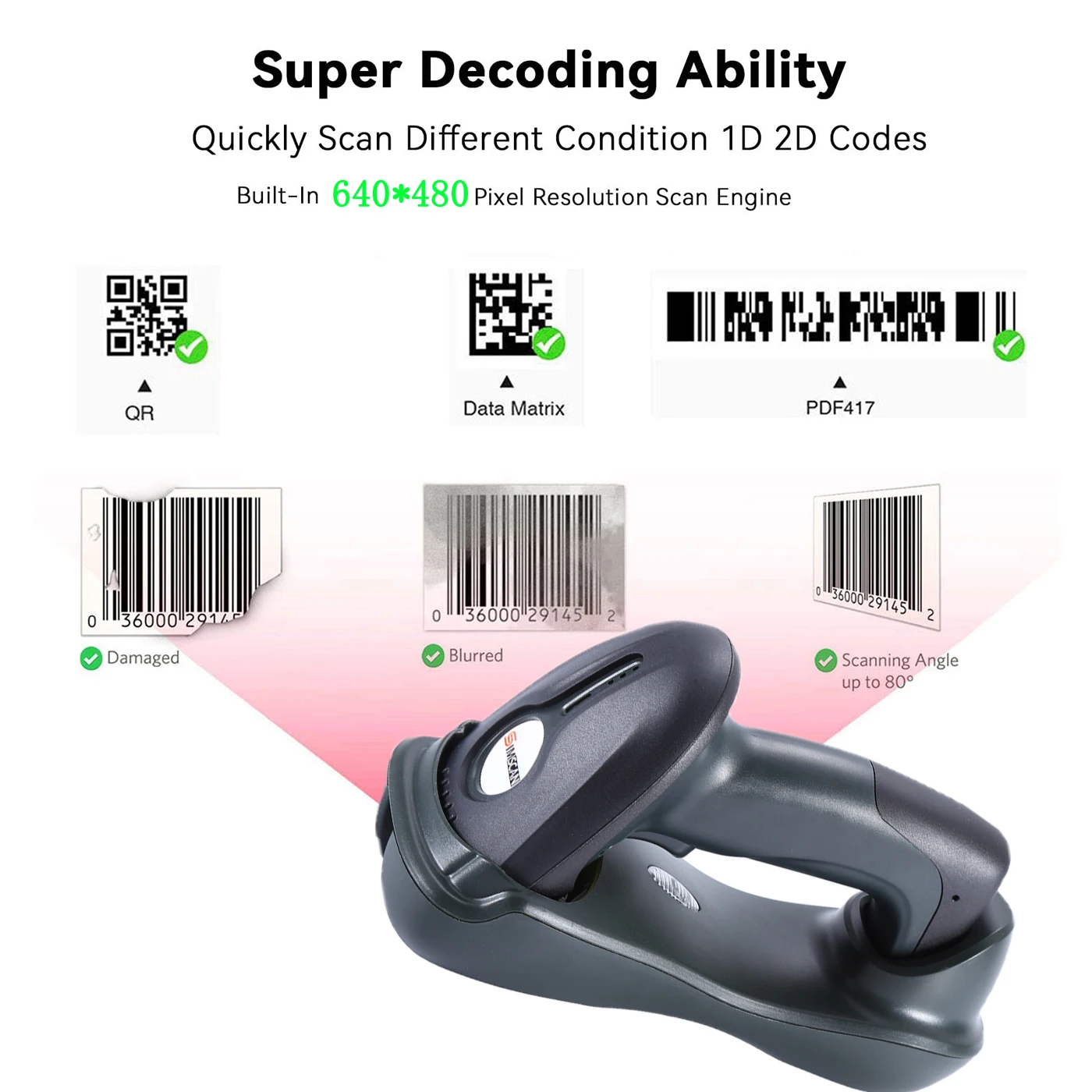 Barcode Scanner with Base Handheld 1D 2D QR Bluetooth Wireless Bar Code Reader Support Connection for Supermarket Warehouse