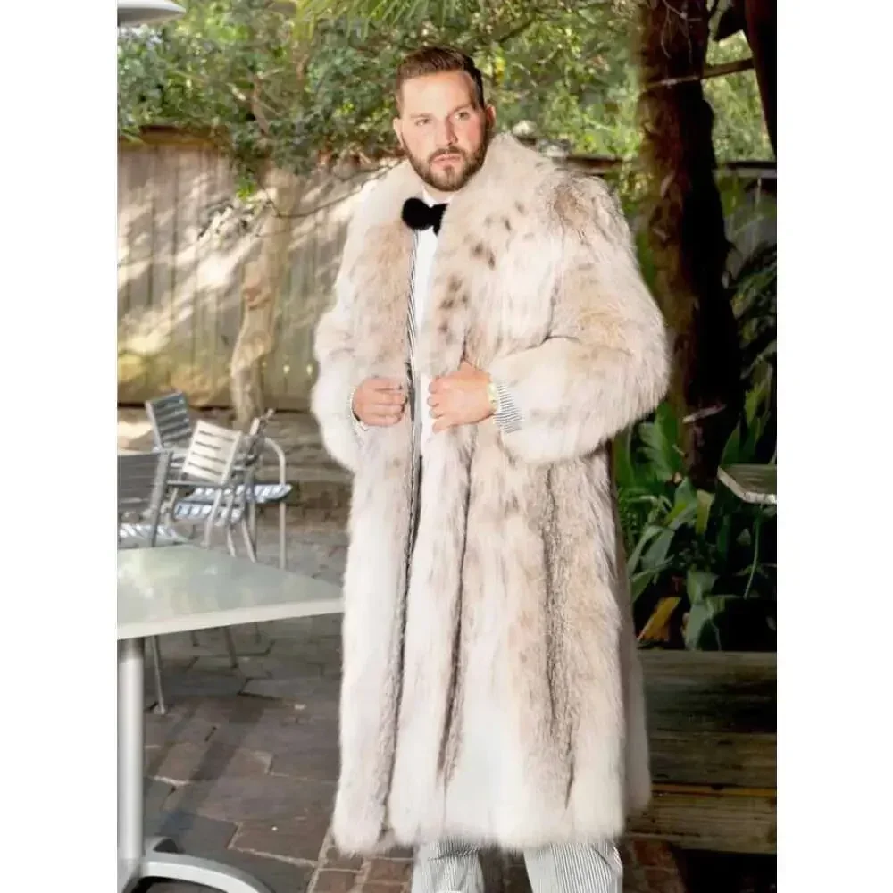 New Men's Faux Long Bobcat Leopard Print Comfortable Thick Warm High Quality Faux Fur Coat