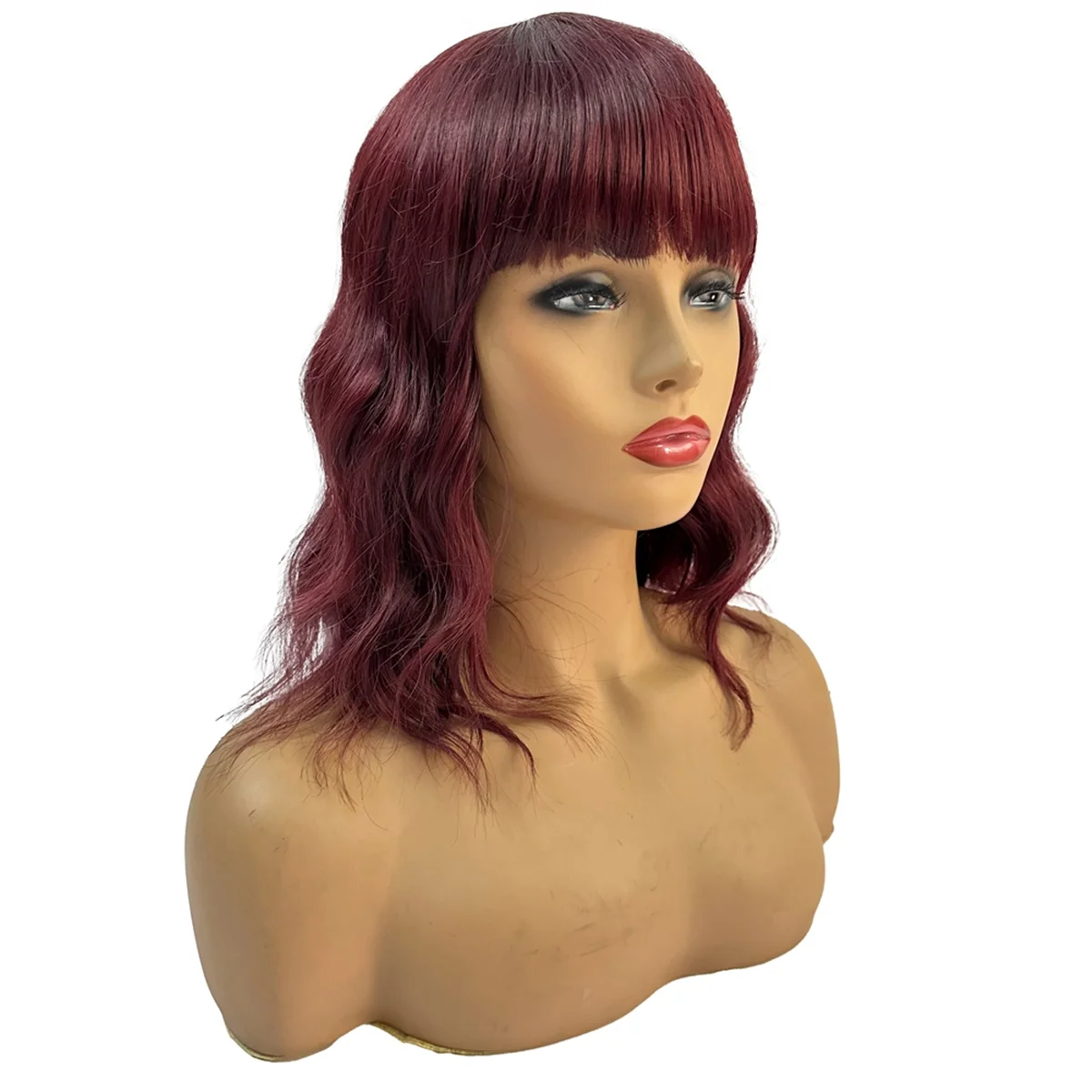 Wig sintetis panjang bergelombang merah anggur, dengan poni Wig keriting alami Wig Cosplay wanita tahan panas serat Wig