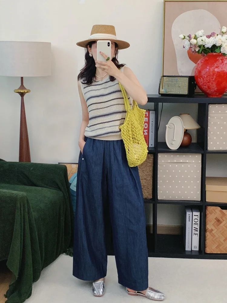 

Retro Lightweight Japanese Sle Deep Blue plus Size Casual Comfortable Elastic Waist Pleated Slimming Nine-Piece Wide Leg Je...