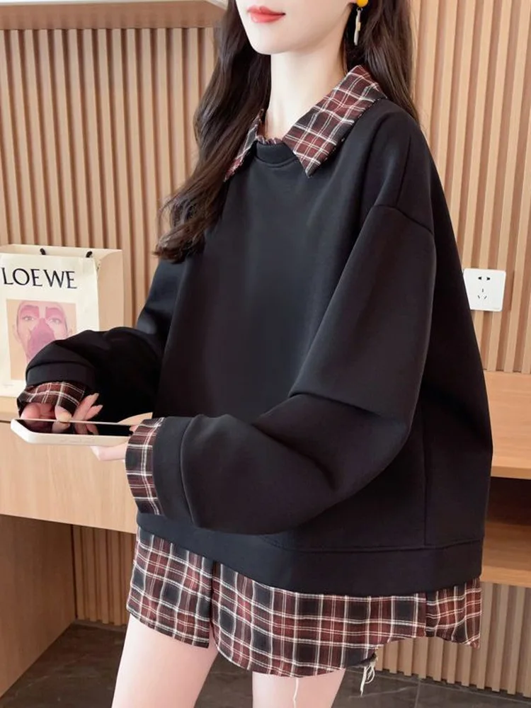 

plus Size 300 Pou Plaid Patchwork Thiened Women's Sweatirt Spring Autumn Korean Loose Design Sense Top