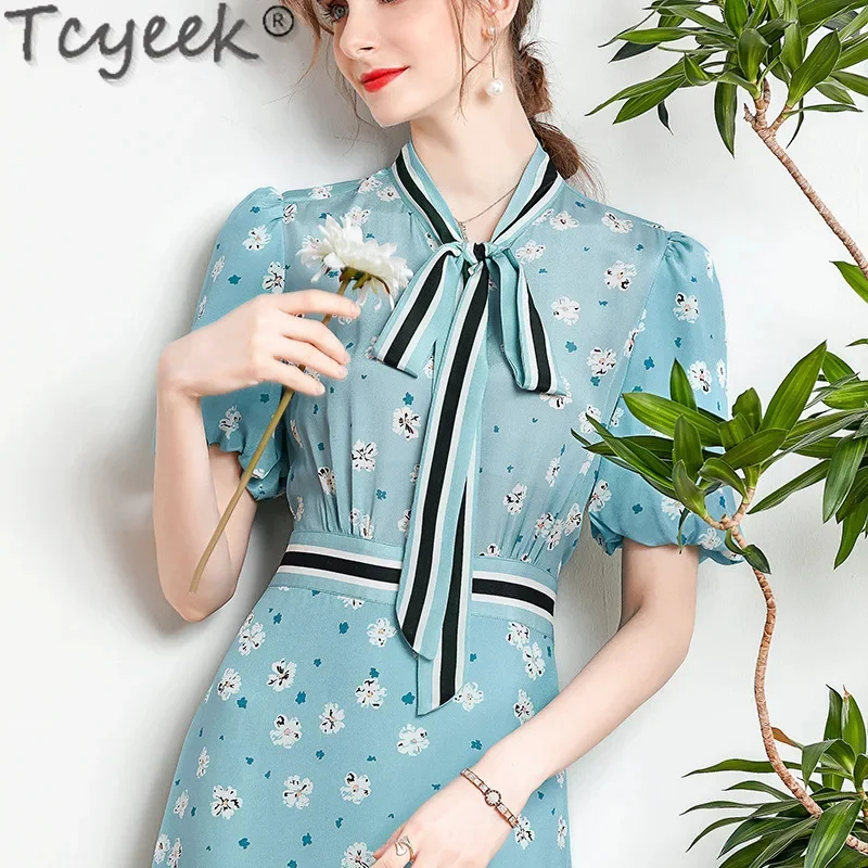 100% Tcyeek Real Mulberry Silk Fashion Summer es 2024 Elegant es for Women Clothes Floral Party Dress Mid-length