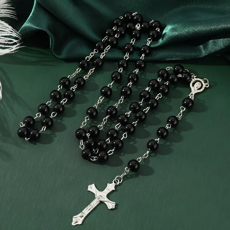 1pcs Handmade Necklace Ladies Imitation Vintage Style Pearl Rosary Beads With Cross Pendant Jewelry