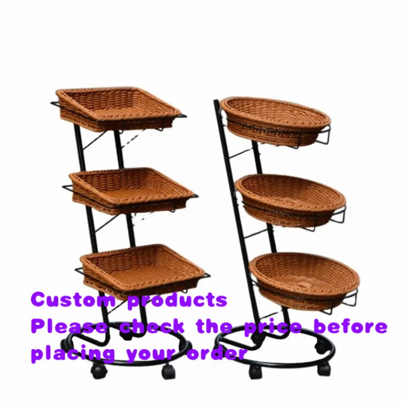 custom.3-layers Fruit Metal Display Rack with Wheels and Rattan Baskets