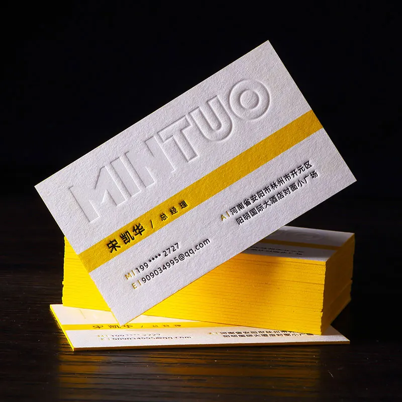 Tarjetas de visita personalizadas, cartón colorido negro, borde estampado en caliente, borde rosa, tarjeta de visita amarilla, papel de algodón en relieve
