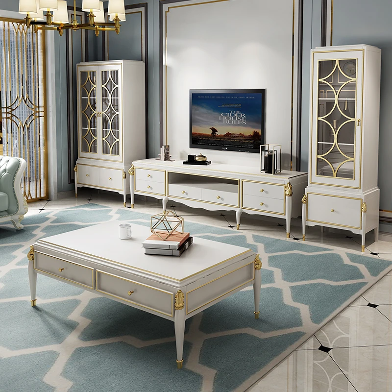 

American light luxury marble coffee table TV cabinet combination living room neoclassical ebony furniture solid wood European co