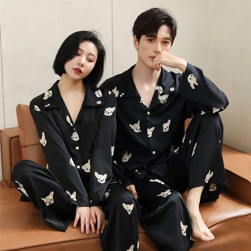 Pajamas Set Woman Spring and Autumn Couples Pajamas Long-sleeved Ladies Little Puppy Chiffon Men Can Be Worn Outside Sleepwear