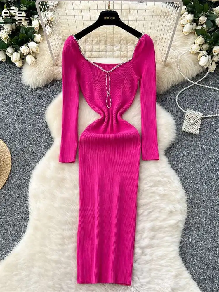 BabYoung الشتاء الديكور محبوك فساتين النساء طويلة الأكمام النمط الفرنسي مزاجه الصلبة الخريف موضة مطاطا فستان كبار