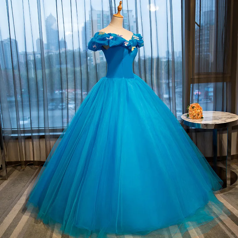 Vestido de baile de quinceañera Simple azul, vestido de baile de Cenicienta, dulce y elegante, hombros descubiertos, largo hasta el suelo, hecho a medida, nuevo, 2023