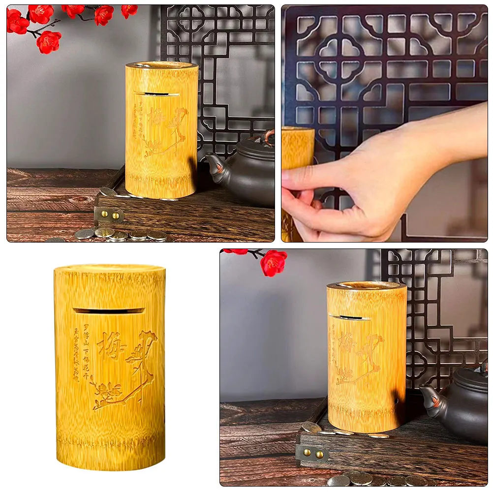 

Bamboo Piggy Bank Reusable Simple Design Coin Container for Kids Adults Desktop Ornament Household Money Saving Jar