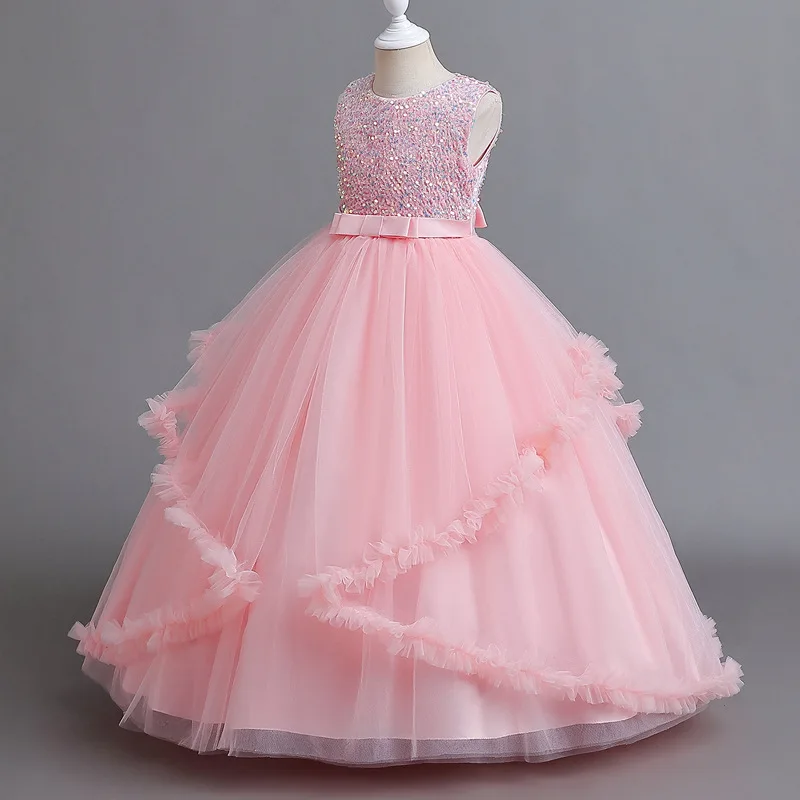 New Girls‘ Ceremony Dress Kids Outfits Ceremonial Long Dress Wedding Prom Sequins Evening Costume Tulle Princess Vestidos