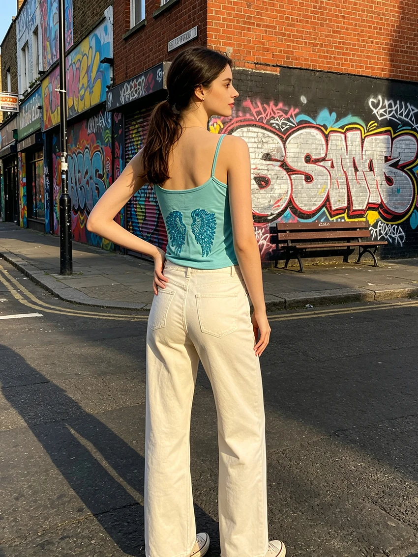 Y2K Mode Damen Einfarbige Camisole Tops mit Rückenflügel-Pailletten-Design, Schlanke Kurze Ärmellose Tanktops mit Spaghettiträgern für den Sommer und Clubwear – Detail 4