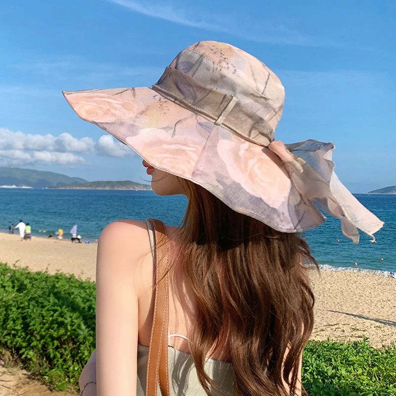 

Breathable Large Brim Sun Hat Women Flower Pattern Ribbon Fashionable Anti UV Neck Protection Anti UV Gift Hat Holiday Beach