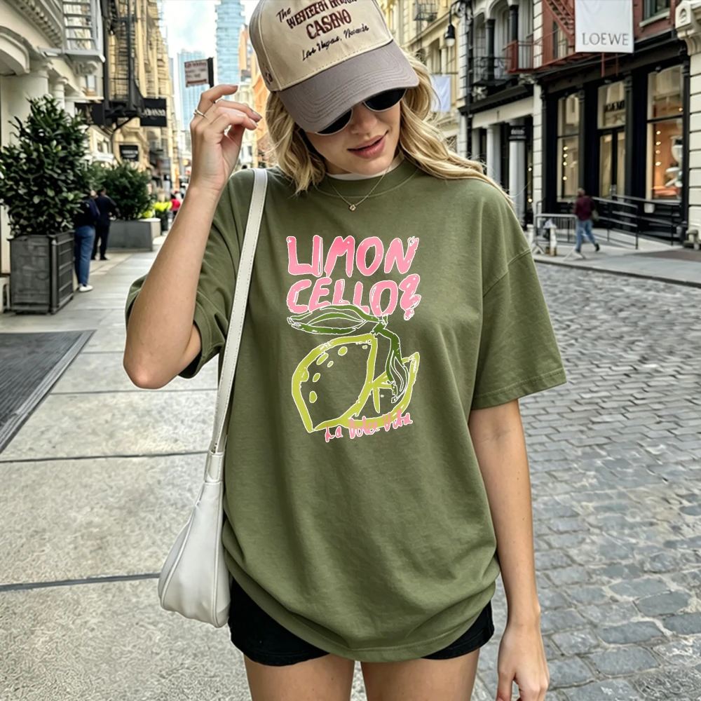 Limoncello Bold Graffiti Letter Lemon Outline Print T Shirt Retro Art Cotton Tee Italian Summer Vacation Fruit Theme Casual Tops