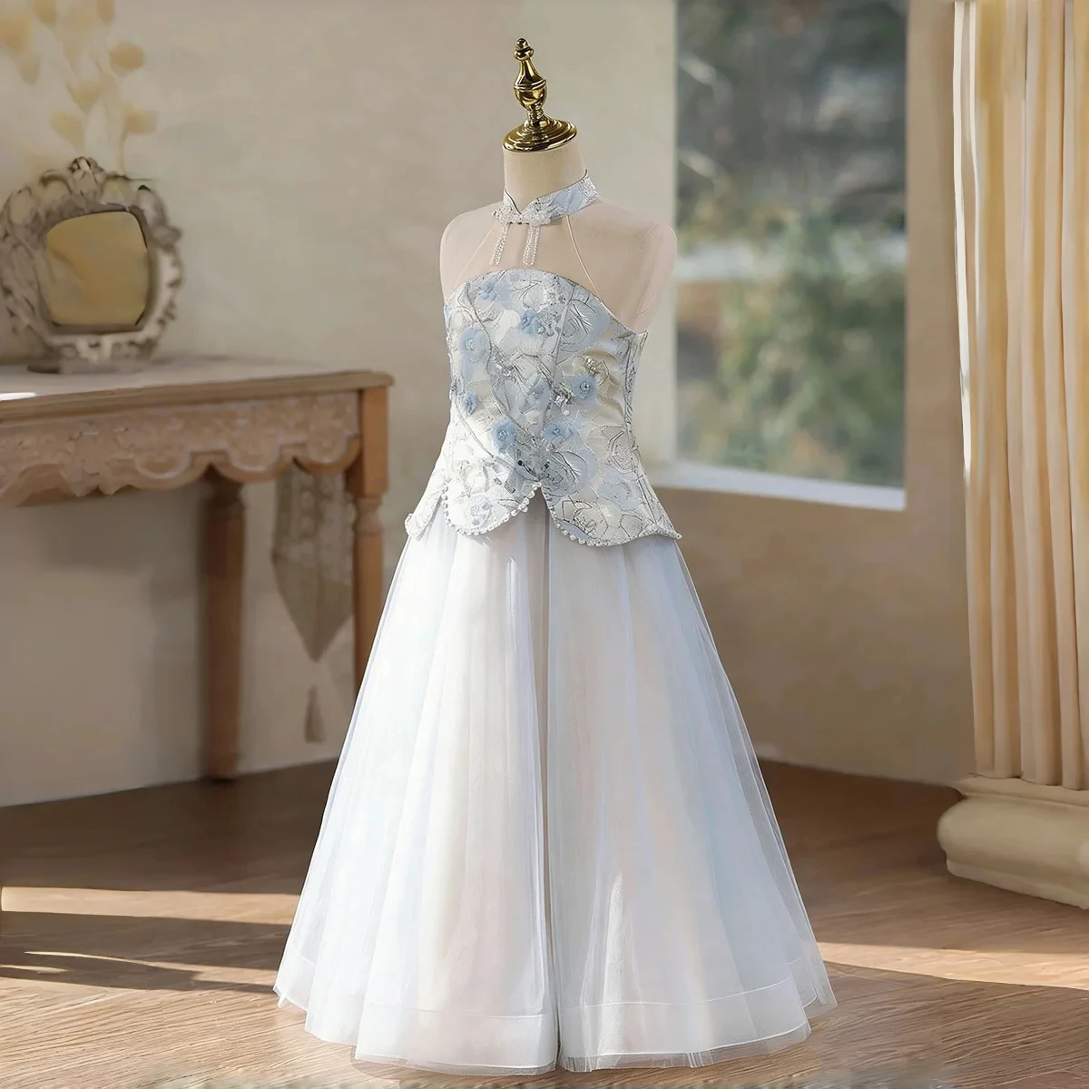 

Customized Flower Girl Dress For Wedding Pearls Sleeveless Floor Length Elegant Kids Birthday Party First Communion Gown